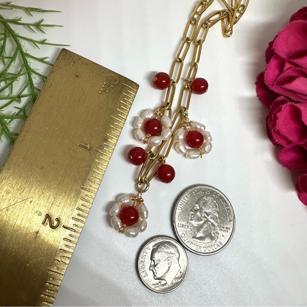 NEW⚜️Red Jade Freshwater Pearl Flower Charm Necklace - Picture 6 of 6